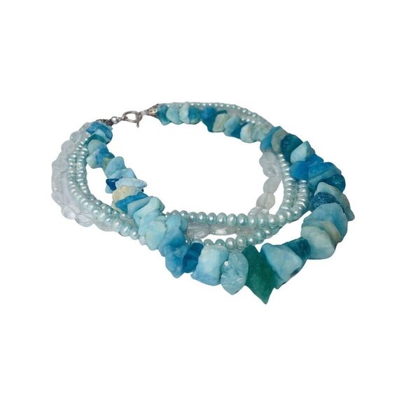 Blue Pearl Layered Necklace 16.5" 925 Sterling Silver Gemstone Trendy - Picture 5 of 11